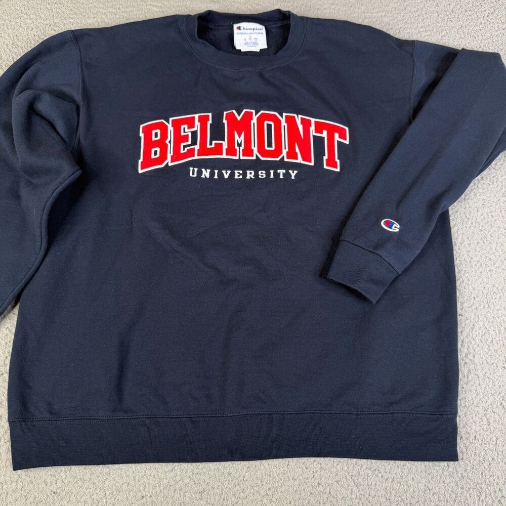 CHAMPION Belmont Sweatshirt Mens L Blue Embroidered Stitched University Sweater